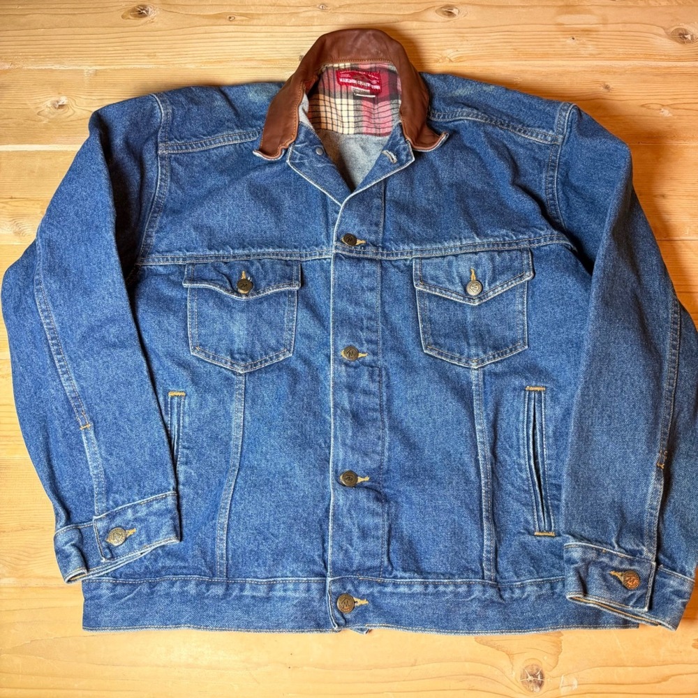Marlboro Country Store Vintage Denim Jacket Leather Collar Flannel Lined Large